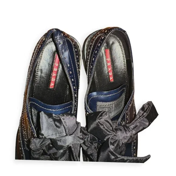 Prada Wingtip Oxford Ribbon Tie Shoes Navy Calf Leather 38.5 Early 2000s - Picture 9 of 11